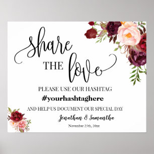 Poster Partagez le hashtag Amour Mariage Marsala Floral S
