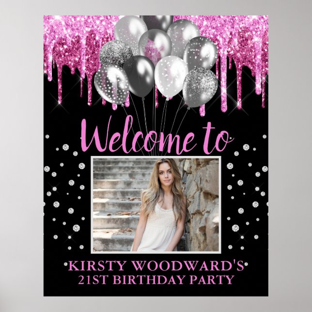Poster Parties scintillant à séchage rose chaud et ballon (Devant)