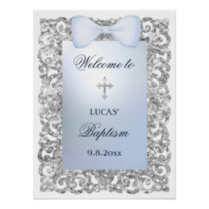 Poster Parties scintillant Argent Cadre Bleu Bow Baptême