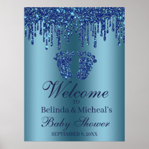 Poster Parties scintillant  Baby shower bleu pieds Affich