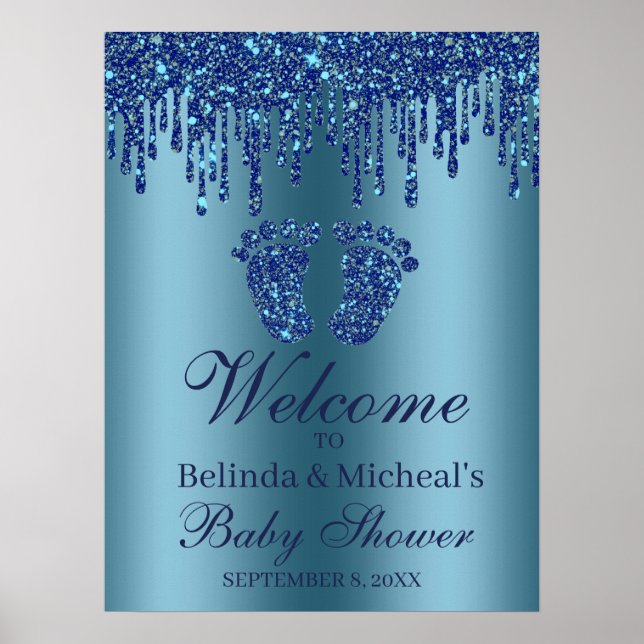 Poster Parties scintillant  Baby shower bleu pieds Affich (Devant)