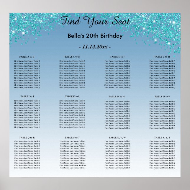 Poster Parties scintillant bleue turquoise Plan alphabéti (Devant)