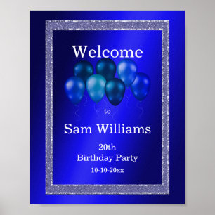 Poster Parties scintillant bleues et ballons d'anniversai
