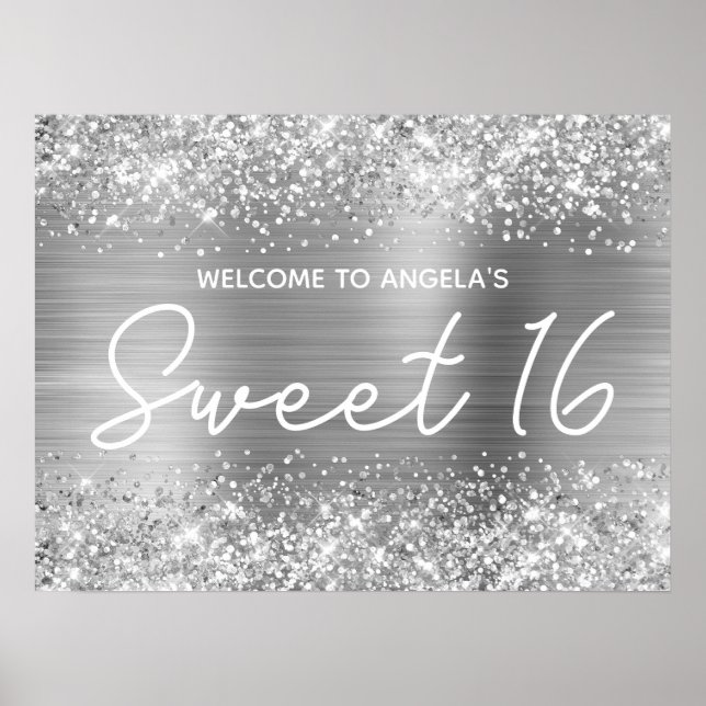 Poster Parties scintillant d'argent et Foil Sweet 16 Bien (Devant)