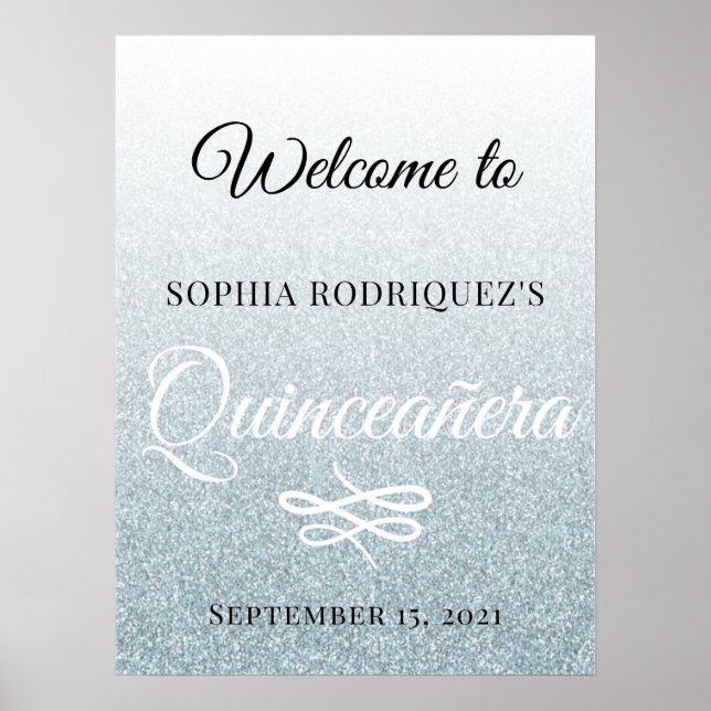 Poster Parties scintillant d'argent Quinceañera 15e anniv (Devant)