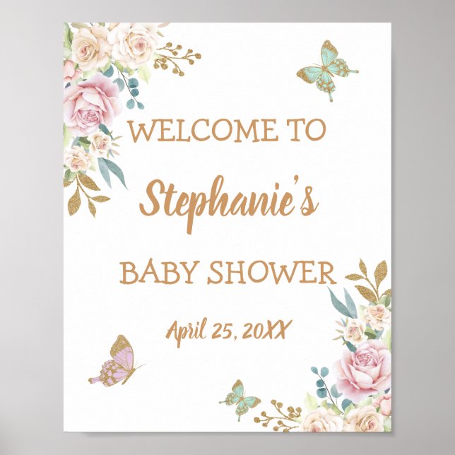 Poster Parties scintillant d'or Baby shower petit papillo (Devant)