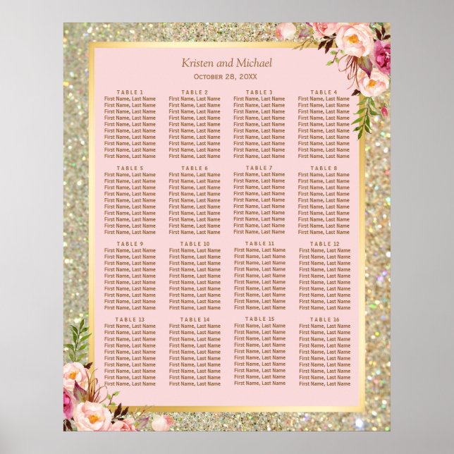 Poster Parties scintillant d'or rose floral 16 tables Tab (Devant)