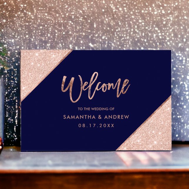 Poster parties scintillant d'or rose marine bleu mariage  (Rose gold glitter navy blue wedding welcome poster)