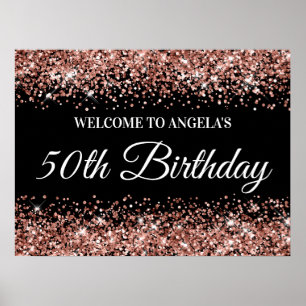 Poster Parties scintillant d'or rose sur Black 50th Birth