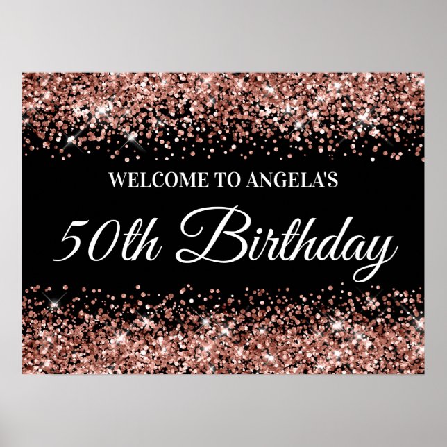 Poster Parties scintillant d'or rose sur Black 50th Birth (Devant)