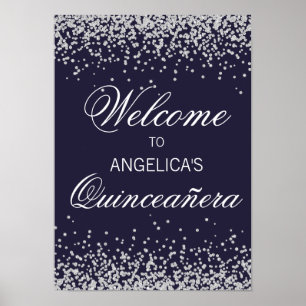 Poster Parties scintillant en argent bleu marine Quinceañ