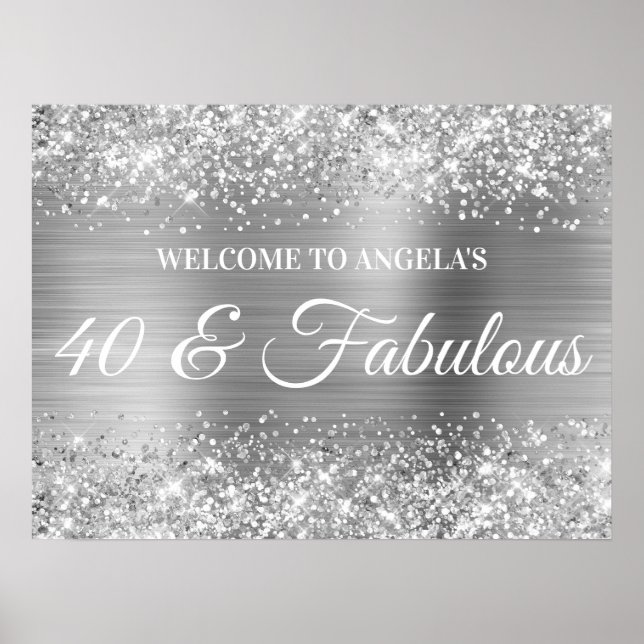 Poster Parties scintillant en argent et Foil 40 & Fabulou (Devant)