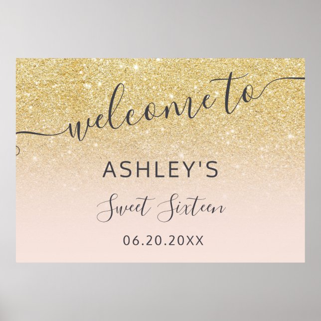 Poster Parties scintillant en or chic bienvenue rose pâle (Devant)