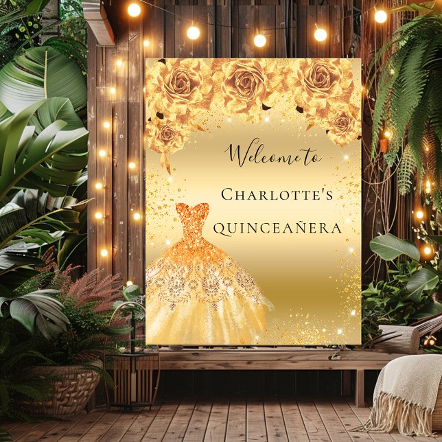 Poster Parties scintillant en or Quinceanera fleurs de ro (Créateur téléchargé)