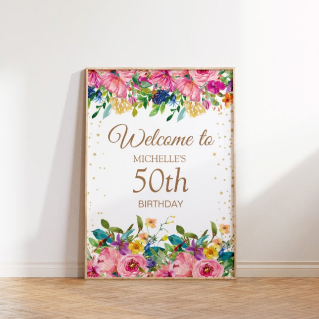 Poster Parties scintillant florale rose jaune 50e anniver (Pink, blue, and yellow 50th birthday party "Welcome" poster)
