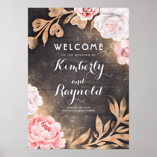 Poster Parties scintillant or Floral Rustic Mariage Affic (Devant)