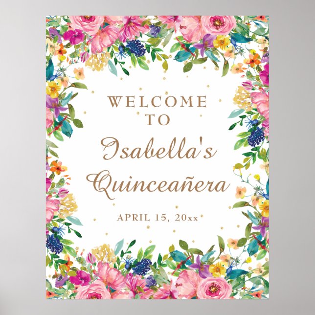 Poster Parties scintillant or rose Floral Quinceañera Bie (Devant)