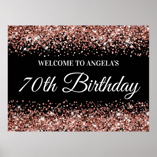 Poster Parties scintillant or rose sur Black 70th Birthda (Devant)