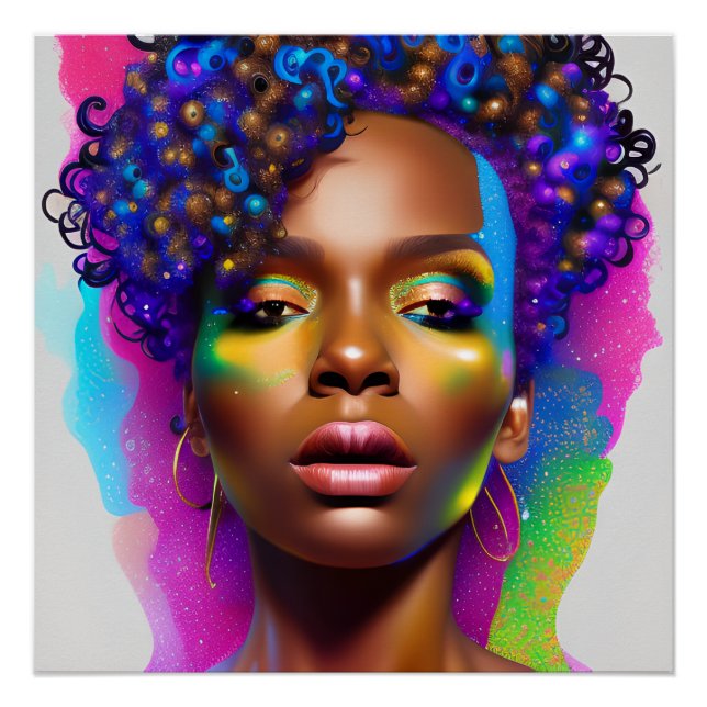 Poster Parties scintillant Queen Rainbow Cute Cheveux Bla (Devant)