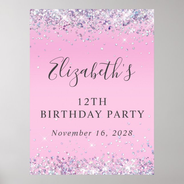 Poster Parties scintillant rose 12e fête d'anniversaire (Devant)