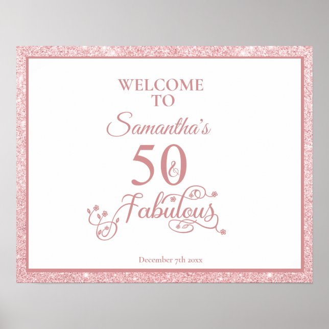 Poster Parties scintillant rose Anniversaire 50 & Fabuleu (Devant)