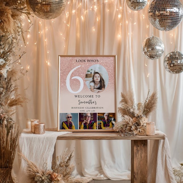 Poster parties scintillant rose en or 60e anniversaire 4  (Rose gold glitter 60th Birthday 4 Photo Welcome Poster)