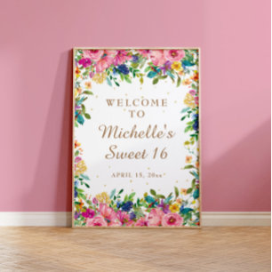 Poster Parties scintillant rose Floral Or Sweet 16 Bienve