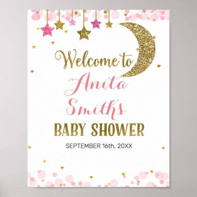 Poster Parties scintillant rose lune baby shower signe de (Devant)