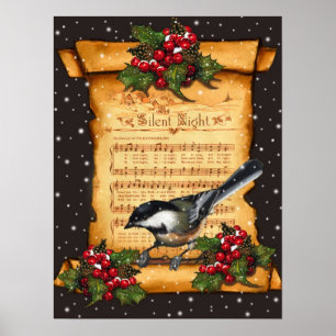 Poster Partition nocturne Silencieuse, Chickadee, Neige :