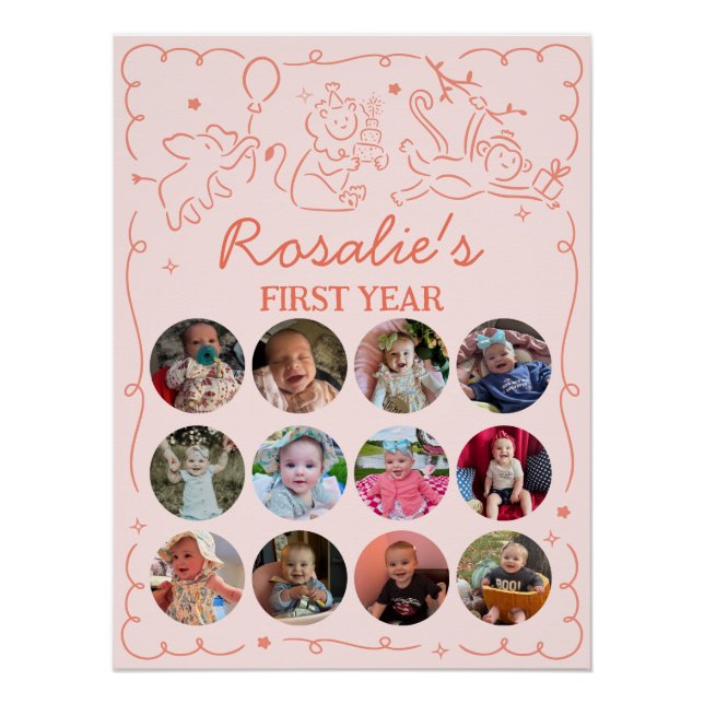 Poster Party Animals Girl's First Birthday Photo Collage (Devant)