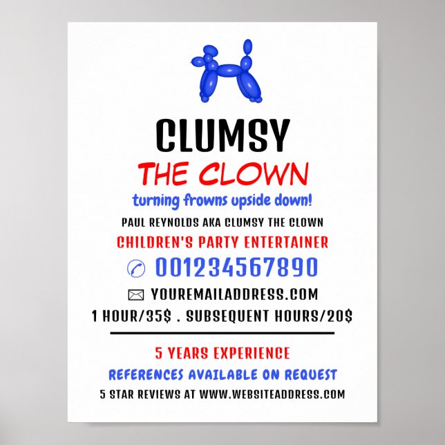 Poster Party Balloon Enfants Entertainer, Clown Publicité (Devant)