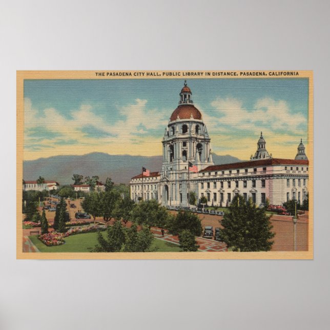 Poster Pasadena, CA - Vue de l'hôtel de ville et de la bi (Devant)