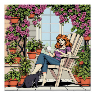 Poster Passer du temps avec mon chat, café et Plantes