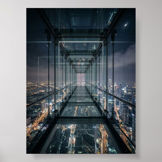 Poster Passerelle de verre au-dessus de la ville de néon (Devant)