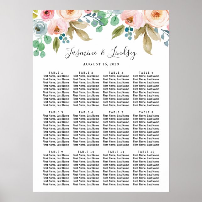 Poster Pastel Aquarelle Floral Mariage Carte de siège (Devant)