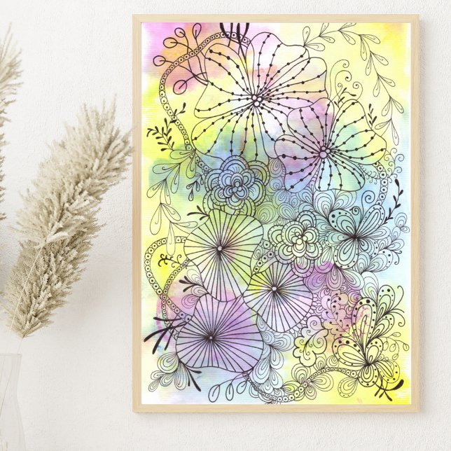 Poster Pastel Aquarelles Florales élégantes Noir Line Art (Créateur téléchargé)