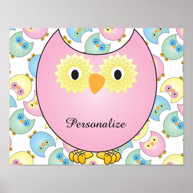 Poster Pastel Baby Owl Nursery Thème en rose (Devant)