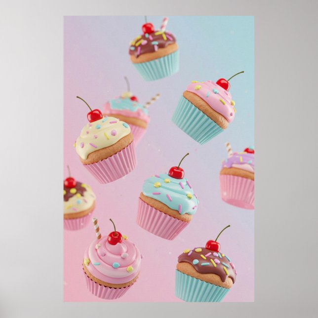 Poster Pastel Cupcake Pattern on Pink (Devant)