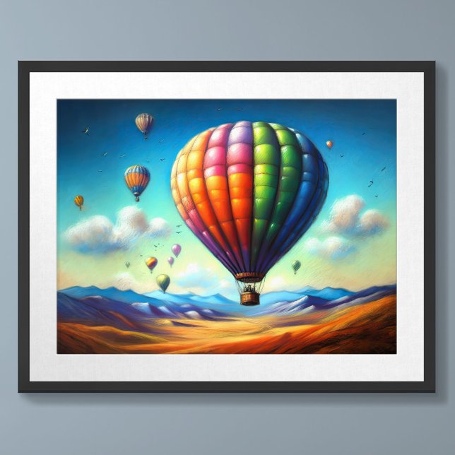 Poster Pastel Dessin Balloons À Air Chaud Sur Paysage (Créateur téléchargé)