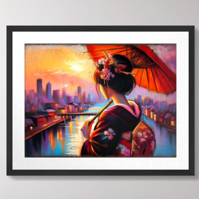 Poster Pastel Dessin Geisha Sunset Parapluie (Créateur téléchargé)