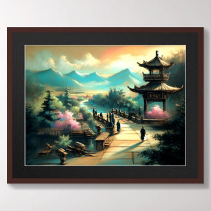Poster Pastel Dessin Pagode asiatique et Pont