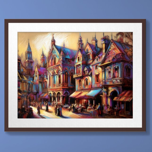 Poster Pastel Dessin Vieille Ville Européenne (Créateur téléchargé)