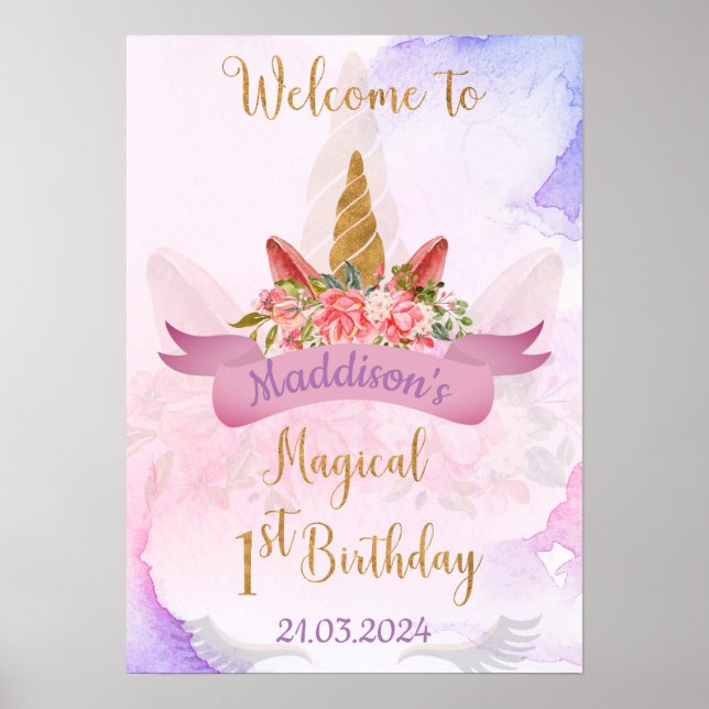 Poster Pastel Floral Unicorne fête d'anniversaire Bienven (Devant)