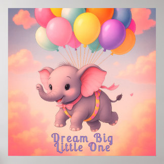 Poster Pastel Flying Baby Elephant, Nursery Custom
