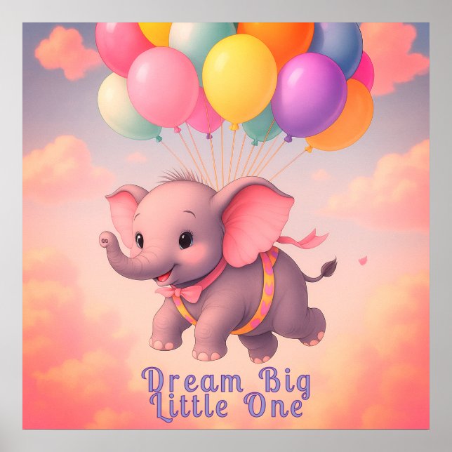 Poster Pastel Flying Baby Elephant, Nursery Custom (Devant)
