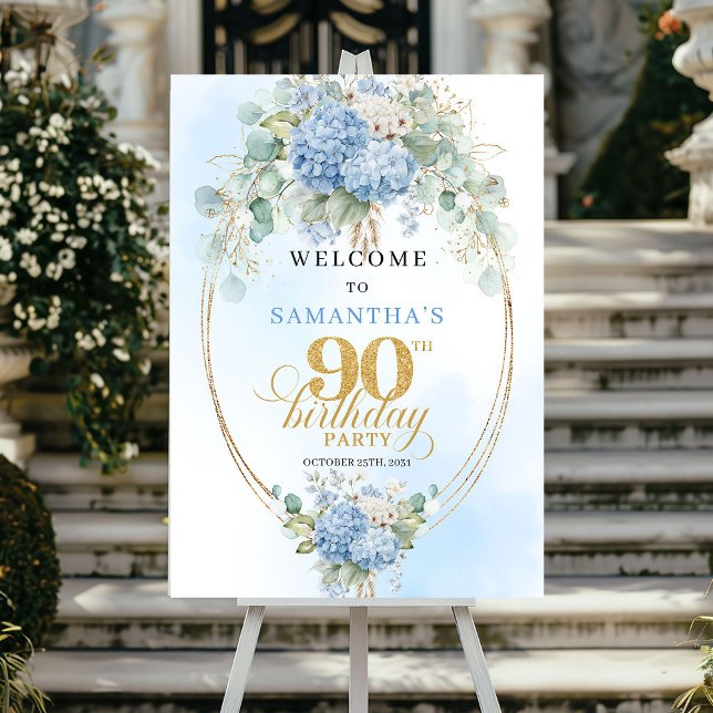 Poster Pastel Hydrangea Eucalyptus 90th birthday welcome (Pastel Hydrangea Eucalyptus 90th birthday welcome)