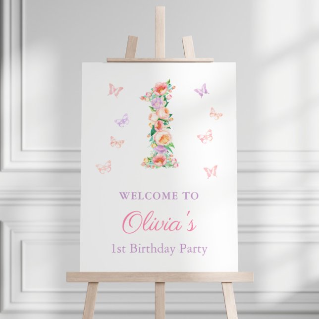 Poster Pastel Jardin d'été 1er fête d'anniversaire Bienve (Pastel floral garden theme butterflies 1st birthday party welcome sign)