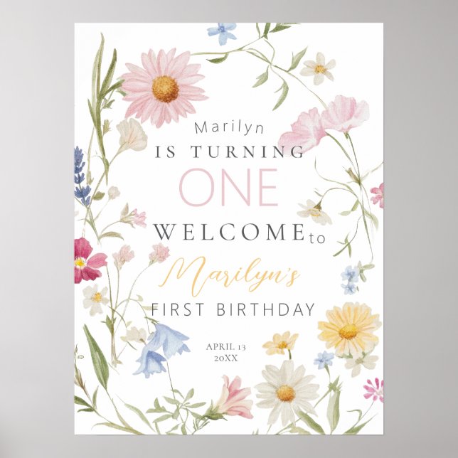 Poster Pastel Little Fleur sauvage Girl 1er anniversaire  (Devant)