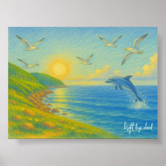 Poster Pastel Ocean Sunset Landscape Painting Dolphin