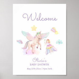 Poster Pastel Purple Princess Unicorn Baby shower Bienven